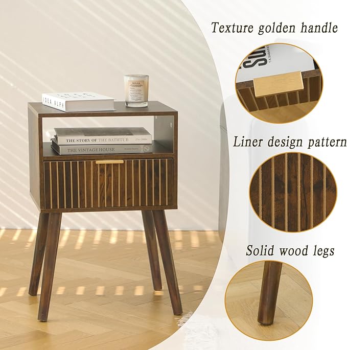 MaxSmeo Small Nightstand with Drawer, Mid Century Modern Bedside Table for Bedroom and Small Spaces, Solid Wood Legs, Easy Assembly, Rustic Brown