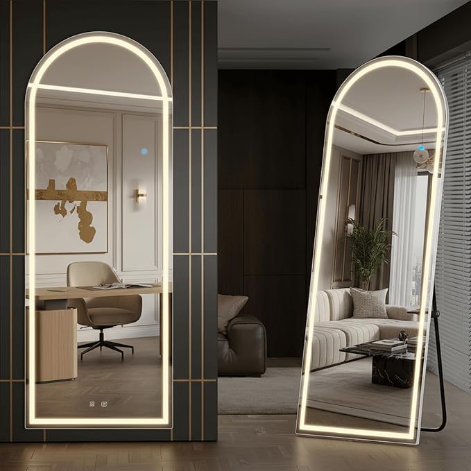 Full Length Mirror with LED Lights, 63" x 21" Arched Floor Mirror with Dimming & 3 Color Lighting, LED Body Mirrors for Home Decor, Tall Arch Aluminum Frame Mirrors for Bedroom Cloakroom