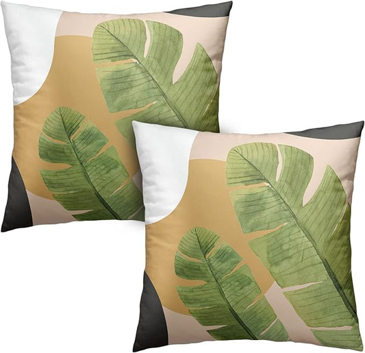 Tropical Green Leaves Throw Pillow Covers Summer Plant Couch Cover Brown and White Pillow Cases 16x16 Inch Set of 2 Cotton Blend Farmhouse Decor for Chair Bed Car