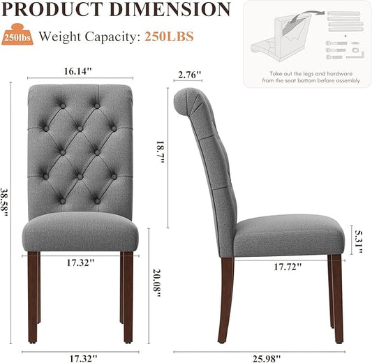 Upholstered Tufted Dining Room Chairs Set of 2, Parsons Kitchen Chairs with Padded Seat and Solid Wood Legs, Fabric Accent Side Diner Chair for Dining Room/Kitchen/Living Room, Grey