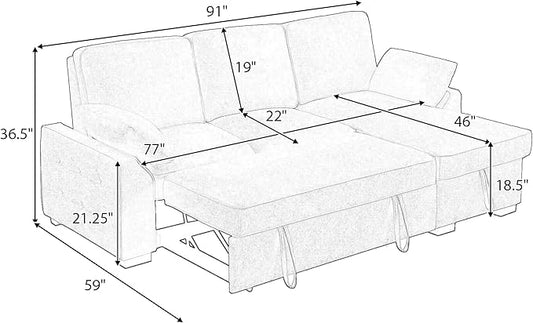 ERYE L-Shaped Pull Out Sleeper Sofa Bed, Modern Chenille Upholstered Button Tufted Corner Reversible Sleeper Sectional Sofa Couch with Storage Chaise, Drop-Down Table, Cup Holders and Charging Ports