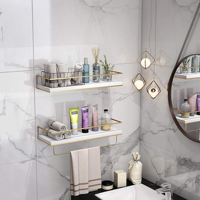 Shario Floating Shelves - Set of 2, Wall Mounted Hanging Shelves with Golden Towel Rack, Decorative Storage Shelves for Bathroom, Kitchen, Living Room & Bedroom