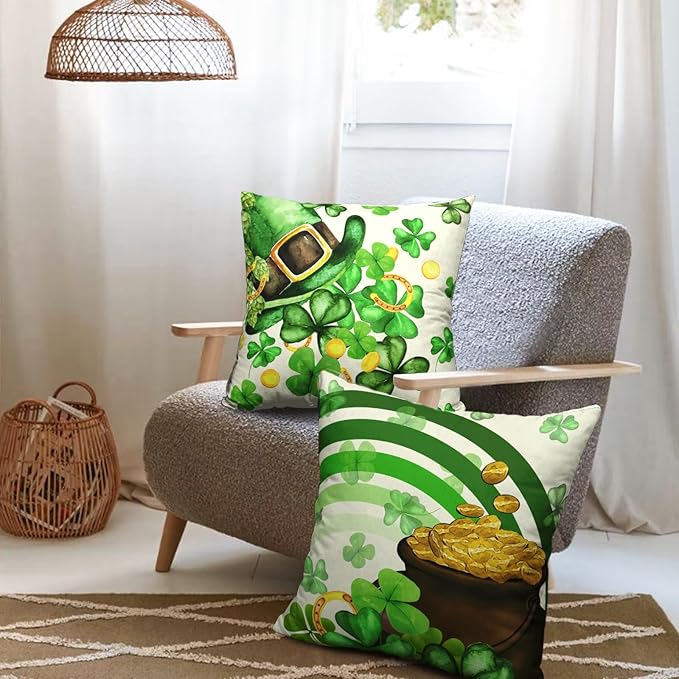 Shamrock St Patrick Day Pillow Covers 22x22 Lucky Charm Blessed Hat Gold Coin Clover Stripes Pillow Cases 2 Pcs Happy Saint Patricks Day Decorative Cushion Cases for Home Party Sofa