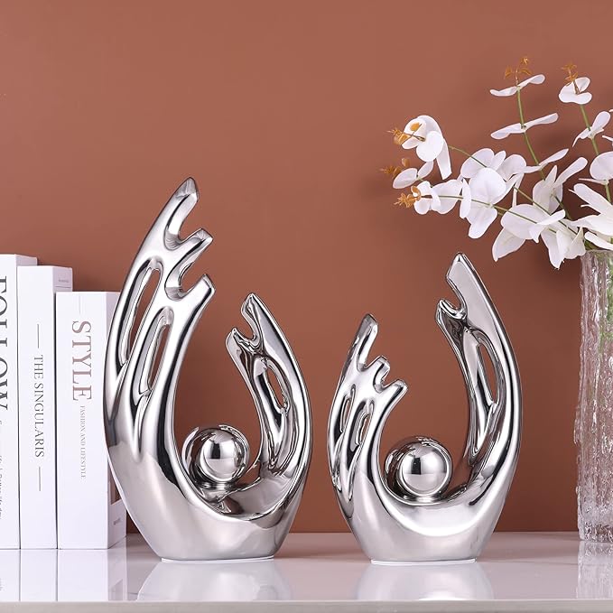 LCCCK 12" H Silver Aesthetic Room Decor Accent, TV Stand Funky Table Centerpiece, Abstract Art Ceramic Statue and Sculpture, Silver Decor for Living Room, Bookshelf Decorative Objects, Shelf Decor