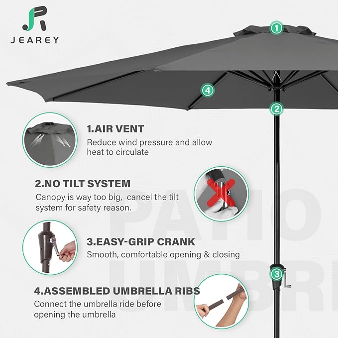 JEAREY 11' Patio Umbrellas Outdoor Table Market Umbrella w/Crank, 8 Sturdy Ribs, UV Protection Windproof for Garden, Deck, Backyard, Pool(Gray)