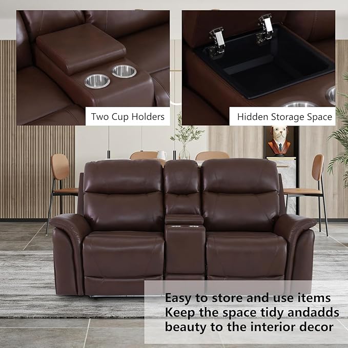 Power Reclining Loveseat for Living Room, Air Leather Recliner Couch with Storage Console, Cup Holders, LED Lighting&USB Charging Port for Home Theater RV (Brown)