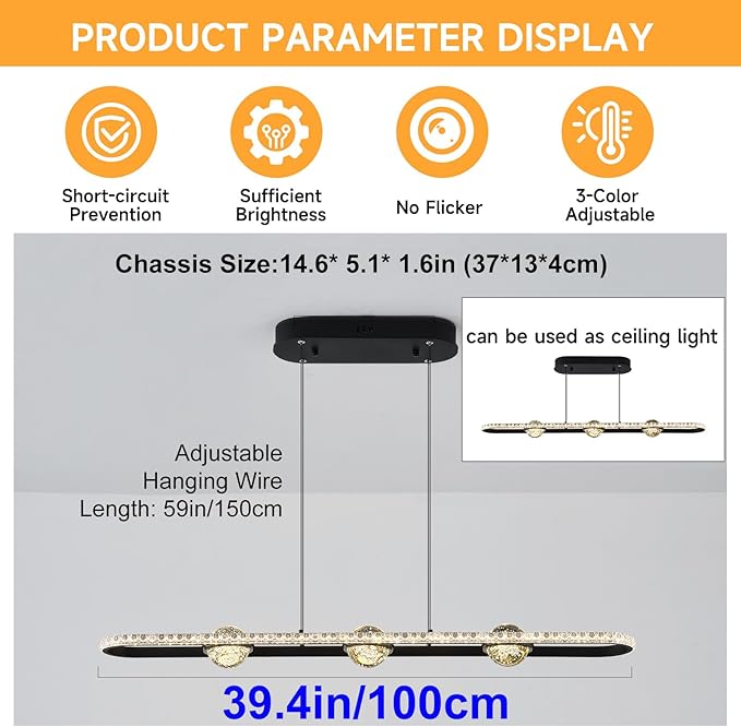 Modern LED Pendant Lights, Dimmable 39in Crystal Globe LED Rectangle Chandelier Lighting, Linear Black Dining Room Hanging Light Fixtures Kitchen Island Pendant Light Over Dining Table, 40W