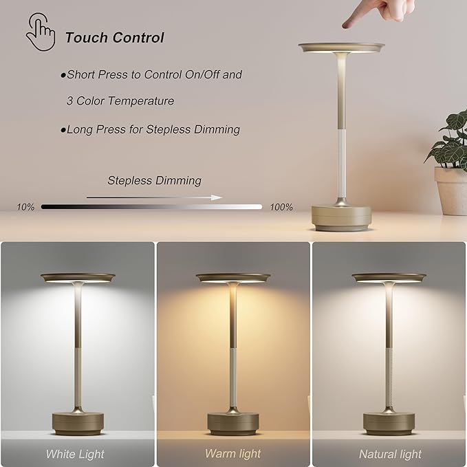 2 Pack Rechargeable Cordless Table Lamps, Portable 5000mAh Outdoor Table Light, 3 Color Stepless Dimming LED Table Lamp with Memory Function, for Home/Dinner/Patio/Restaurant.(Champagne Gold)