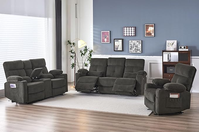 Power Reclining Sofa with Heat and Massage, Electric Reclining Couch with Extended Footrest, Wall Hugger Recliner Sofa 3 Seater with USB&Type-c Ports for Living Room, Bedroom(Grey)
