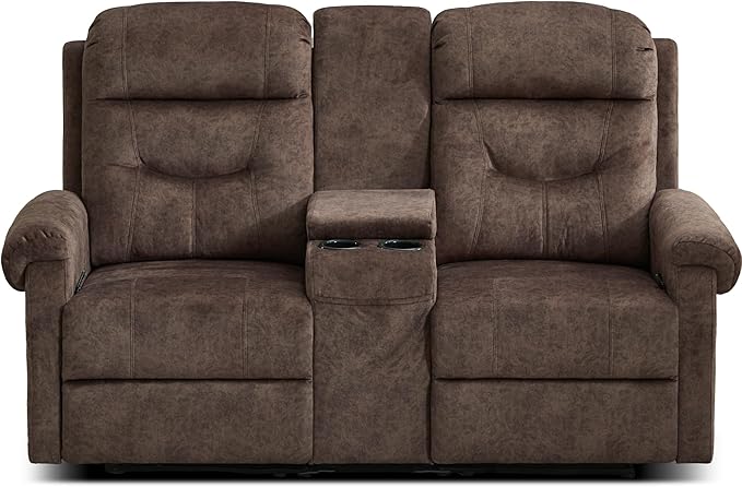 DRMBOOK RV Loveseat Recliner Sofa with Console, Velvet Fabric Double Wall Hugger Reclining Couch Manual Home Movie Seating 2 Person Recliner Chair with Cup Holders/Storage/Pocket/Lumbar Pillow, Brown