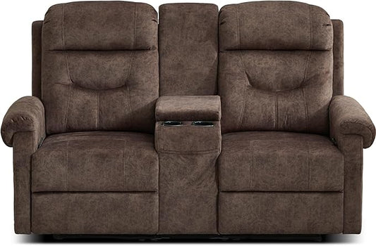DRMBOOK RV Loveseat Recliner Sofa with Console, Velvet Fabric Double Wall Hugger Reclining Couch Manual Home Movie Seating 2 Person Recliner Chair with Cup Holders/Storage/Pocket/Lumbar Pillow, Brown