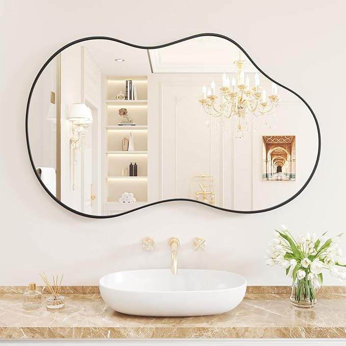 WEER Irregular Wall Mirror, 24x36 inch Black Asymmetrical Wall Mounted Mirrors Decorative, Abstract Wavy Aluminum Alloy Frame for Bathroom, Bedroom, Living Room, Entryway
