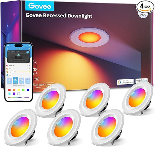 Govee Smart Retrofit Recessed Lighting 6 Inch, Wi-Fi Bluetooth Direct Connect RGBWW Retrofit Can Lights, 65 Scene Modes, Works with Alexa & Google Assistant, 1000 Lumens, 6 Pack
