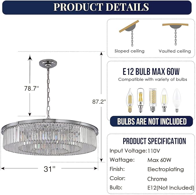 Large Crystal Chandelier Modern Luxury Pendant Ceiling Lights Fixture for Dining Living Room 12-Lights 3-Tier Raindrop Chandeliers Lighting (Chrome, Dia 31 Inch)