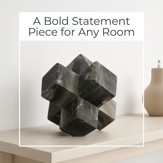 Geometric Cube Decorative Object – Marble Sculpture Modern Home Decor Ornament – Shelf Styling & Coffee Table Decor for Bathroom, Office & Living Room – 7", Gray