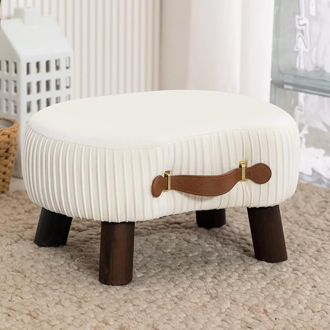 LUE BONA Small Curved Foot Stool with Handle, Beige Velvet Footstool and Ottomans, Modern Foot Rest with Wooden Legs, Step Stool with Padded Seat for Couch, Living Room