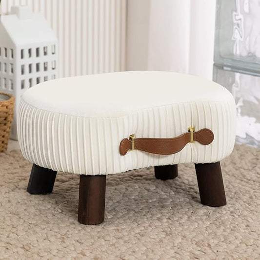 LUE BONA Small Curved Foot Stool with Handle, Beige Velvet Footstool and Ottomans, Modern Foot Rest with Wooden Legs, Step Stool with Padded Seat for Couch, Living Room