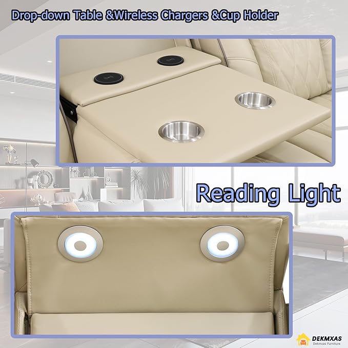 Living Room Furniture Sets, Power Recliner Sofa with LED Light, Beige Breathing Leather Reclining Sectional Sofa with Drop-Down Table, Cup Holder and Storage Console for Living Room,Office