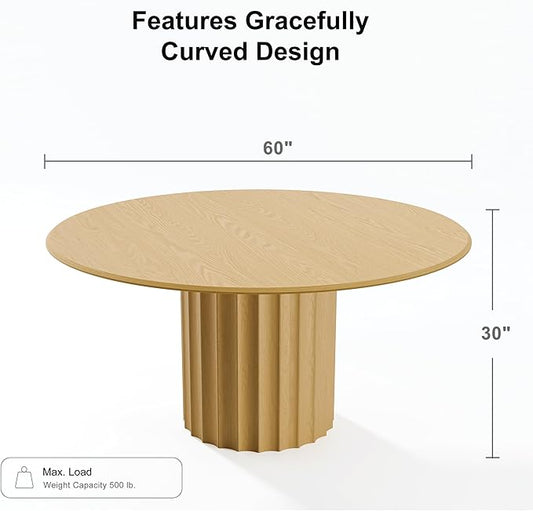 Casaphoria 60" Round Dining Table, Modern Wood Kitchen Table with Cylindrical Wide Bar Concave Base for Living Room & Dining Room, Easy Assembly Farmhouse Furniture for 4-6, Oak