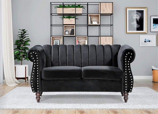 Container Furniture Direct Quinones Modern Nailhead Trim Channel Tufted Chesterfield Rolled Arms, Loveseat & Sofa, Midnight