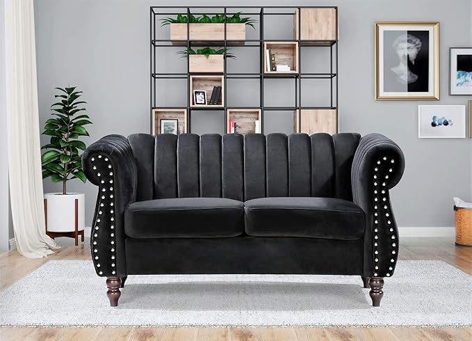 Container Furniture Direct Quinones Modern Chesterfield Couch with Elegant Rolled Arms, Nailhead Trim & Channel Tufting, 59.1" Wide Loveseat, Midnight Black