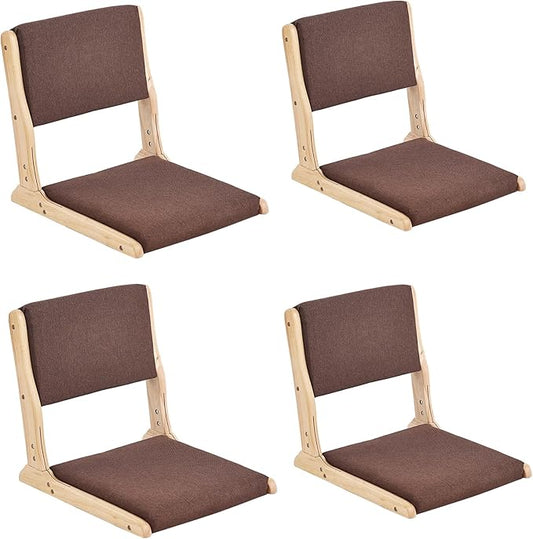 Tiita Floor Chair with Back Support, Foldable Meditation Tatami Chairs, Backrest Chair with Cushion, Living Room Chair Seat 4 Pack, Wood Brown