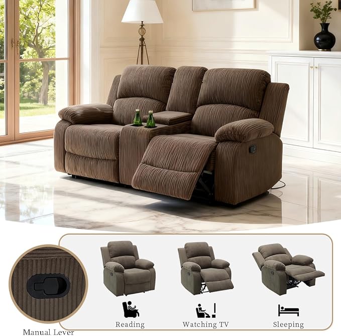 Manual Recliner Loveseat, Corduroy Sectional Manual Reclining Loveseat with Cup Holders, Living Room Furniture Sets Peanut Brown Reclining Loveseat with 2 Recliner Seats and Storage Console