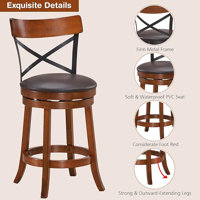 ERGOMASTER Swivel Counter Height Barstool 24 Inch Seat Height Bar Chair Cappuccino X Open Back （ 24 Inches, Set of 2）