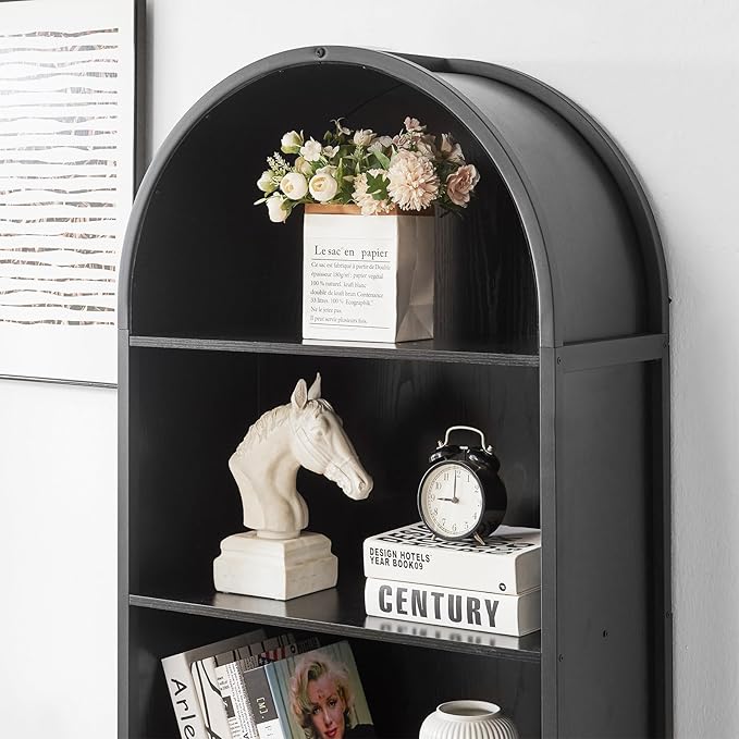 Arched Bookcase Book Shelf with Doors, 5 Tier Display Bookshelf Tall Cabinet with Storage, Industrial Floor Standing Bookshelves Open bookcases for Home Office, Living Room(Black)