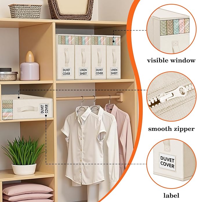 WOWBOX Sheet Organizers and Storage,Closet Bed Sheet Organizer Under Bed Storage and Organization with Label Cards & Clear Window for Bedding Sheets,Duvet Covers,Blankets (8 Pack，Beige)