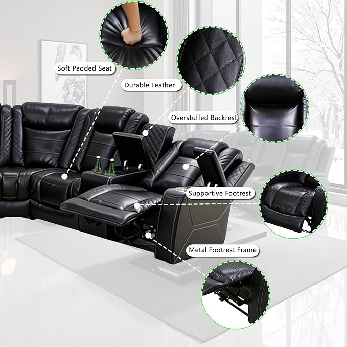 Power Recliner Sectional Sofa with LED Light for Living Room, Black Leather Reclining Sofa Corner Sectional Couches Set, Cup Holder, Storage Console for Home Theater Seating