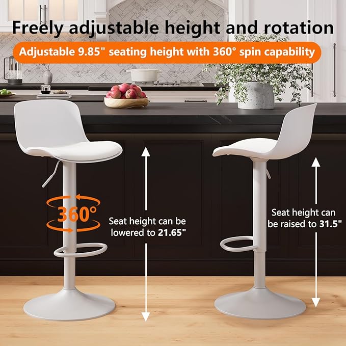 Kidol & Shellder Bar Stools Set of 2 Adjustable Swivel Counter Height Stools, Modern PU Leather Upholstered with Back Solid Color Barstools for Kitchen Island White