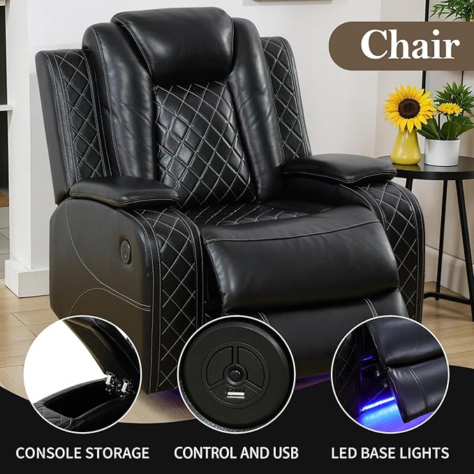 Power Recliner Sectional Sofa Set for Living Room, Leather Recliner Sofa Sets, L-Shaped Corner Sectional Couch Sets with LED Lights, Console Storage(Sectional and Chair,Black)