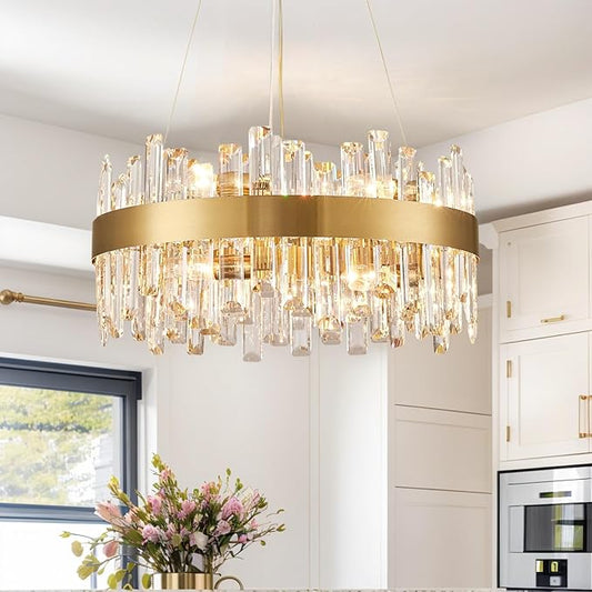 CROSSIO Modern Crystal Chandelier, 12 Lights Luxury Gold Round 2-Tiers K9 Crystal Raindrop Chandelier, Dimmable Crystal Ceiling Light for Dining Room Living Room Kitchen Entryway Foyer D19.7''