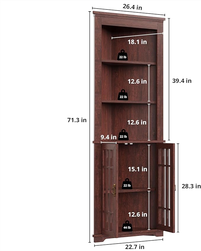 IRONCK 71.3'' Tall Corner Cabinet, Mid Century Storage Cabinet with Glass Doors & Adjustable Shelf, Bathroom Storage with 3 Open Shelf, Home Space Saver for Bathroom, Living Room, Red Walnut | Mid Century, Glass Doors, Adjustable Shelf, Bathroom Storag...