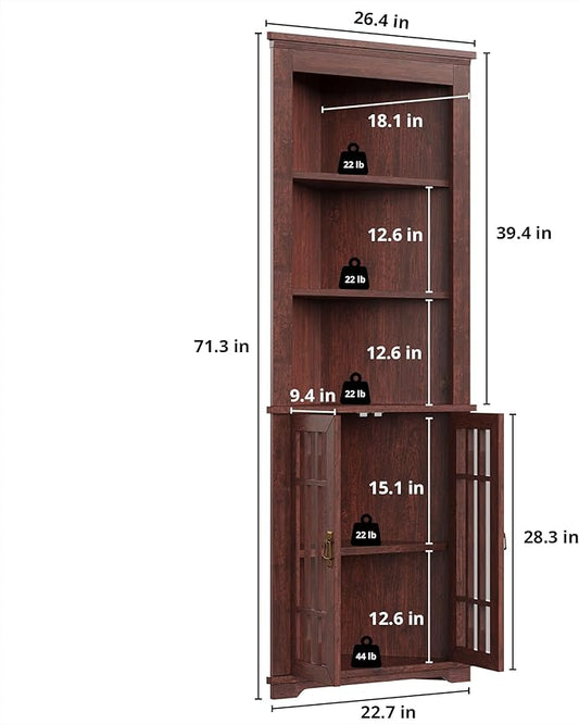 IRONCK 71.3'' Tall Corner Cabinet, Mid Century Storage Cabinet with Glass Doors & Adjustable Shelf, Bathroom Storage with 3 Open Shelf, Home Space Saver for Bathroom, Living Room, Red Walnut | Mid Century, Glass Doors, Adjustable Shelf, Bathroom Storag...