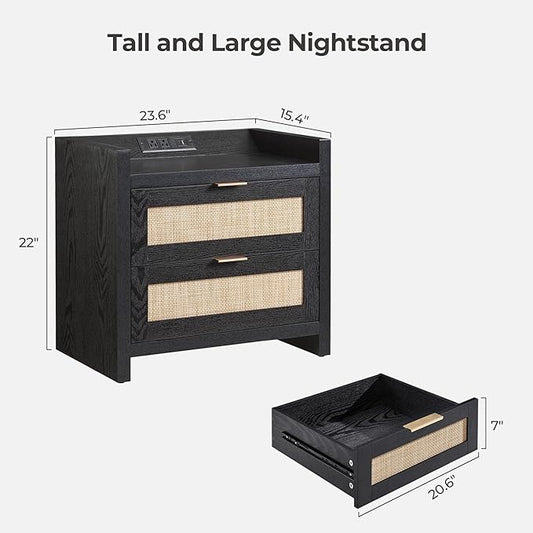SICOTAS Black Nightstands Set of 2 Bed Side Table - Boho Night Stand End Table with Type-C Charging Station, 2 Rattan Decor Drawers Storage Cabinet Night Stands for Bedroom, Black Oak
