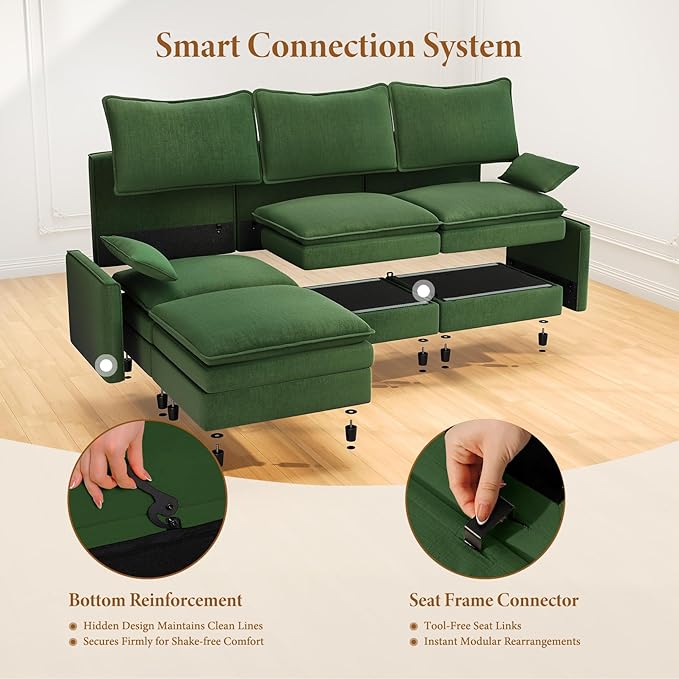 Vesgantti 108" Modular Sectional Sofa, Comfy Cloud Couch with Movable Ottoman Deep Seat Chenille L Shaped Modular Sofa, Sectional Couches for Living Room, Bedroom and Apartment, Green | Sink-in Comfort, Height Adjustable, Easy Rearrangement, Extra-deep...