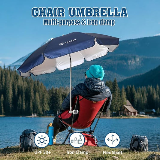 AMMSUN Chair Umbrella with Universal Clamp Adjustable 47 inches and 360° Swivel & UPF 50+ Protection Portable Sun Umbrella, Secure Clip on Camping/Beach Chairs, Stroller, Wheelchair, Golf cart, Lounger, Navy Blue, Large-sized