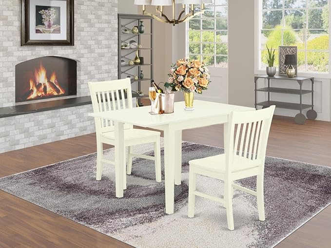 East West Furniture NDNO3-LWH-W 3 Piece Dining Room Table Set Contains a Rectangle Kitchen Table with Dropleaf and 2 Dining Chairs, 30x48 Inch, Linen White