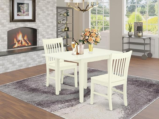 East West Furniture NDNO3-LWH-W 3 Piece Dining Room Table Set Contains a Rectangle Kitchen Table with Dropleaf and 2 Dining Chairs, 30x48 Inch, Linen White
