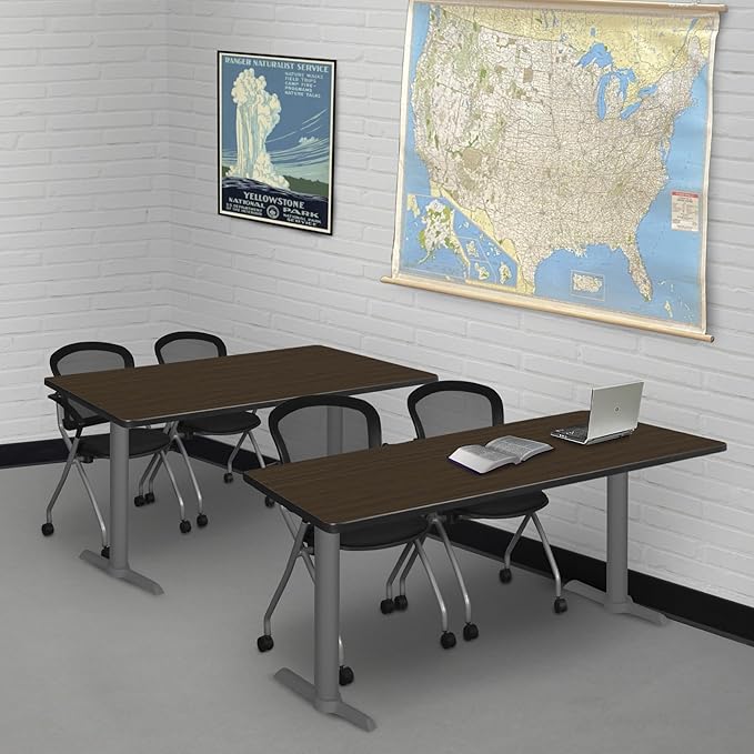 Regency Cain 42 x 24 in. Training Seminar Table – Durable T-Base Training Desk with Laminate Top, Scratch & Stain Resistant Surface, Rounded Corners (Neo Walnut, Grey Base)