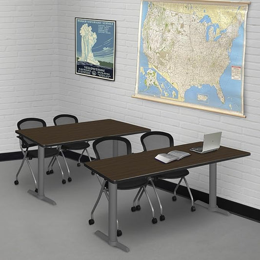 Regency Cain 42 x 24 in. Training Seminar Table – Durable T-Base Training Desk with Laminate Top, Scratch & Stain Resistant Surface, Rounded Corners (Neo Walnut, Grey Base)