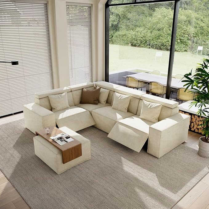 105" Power Sofa L-Shaped Couch,Modular Sectional Couches for Living Room,Modern Large Sofa with Recliners,Comfy Velvet Cloud Couch with Deep Seat with 1 Ottoman,Pet Friendly for Home Office(Beige)