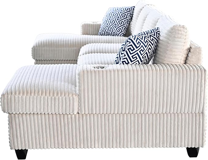 Ball & Cast 124" U-Shaped Sectional Sofa Couches for Living Room with Double Chaise,Cup Holders & Pillows,4 Seat Striped Corduroy Upholstered Modern Modular Sectional Sofa Set,for Home,Office,Beige