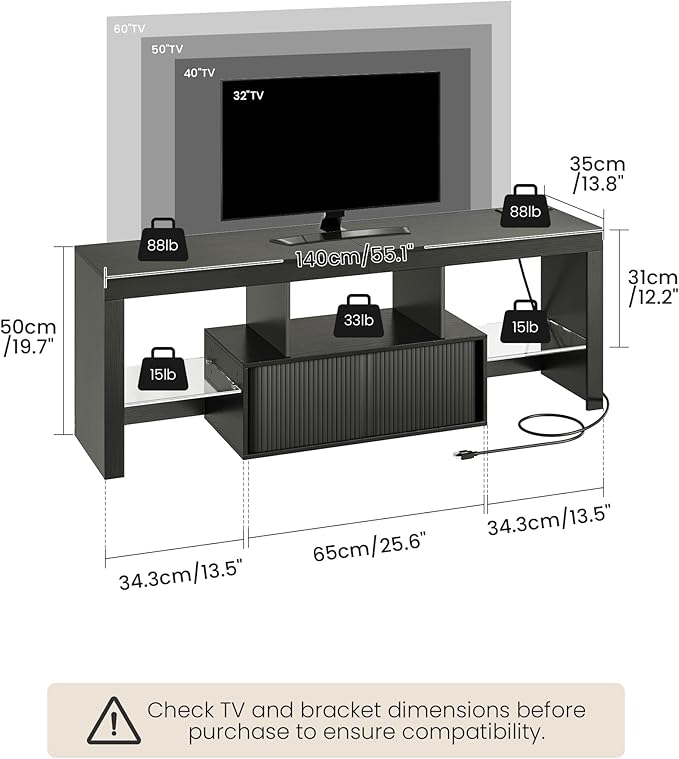 TV Stand with Power Outlet, Modern TV Cabinet for 55 60 inch TVs, Media TV Console with LED Light Strip, Media Entertainment Center with Storage, for Living Room, Bedroom, Black MDS02UDBB