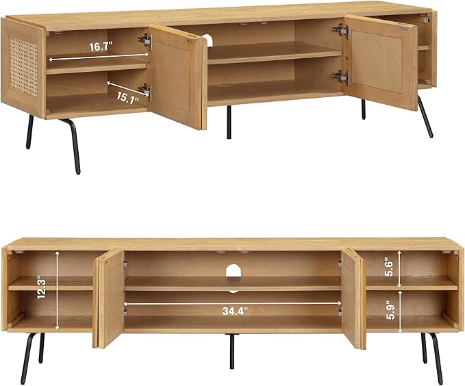 NTC Mossic TV Media Cabinet with 4 Doors for TVs, Entertainment Center with Natural Rattan, Metal Legs, Modern Storage Console for Living Room and Bedroom, Effortless Assembly, Sand