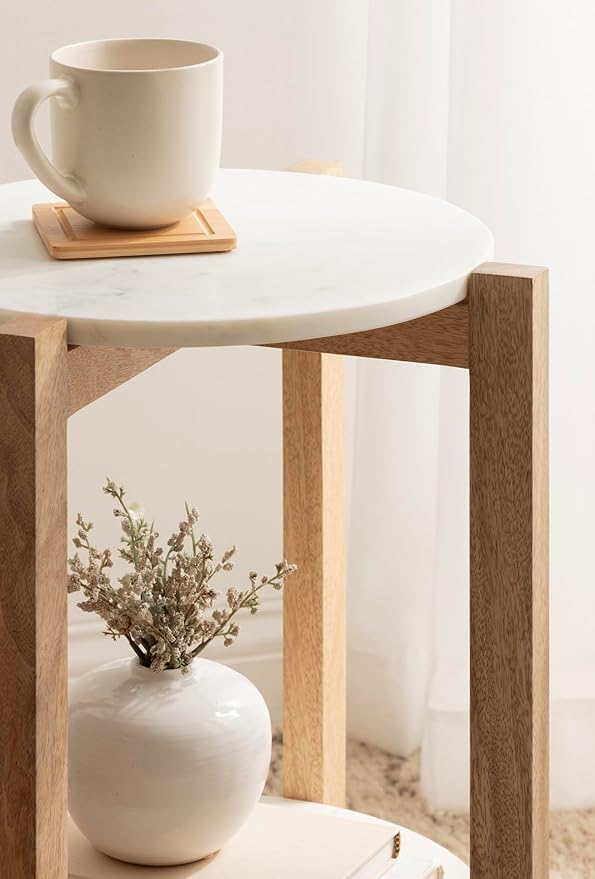 Kate and Laurel Moxley Transitional Round Side Table; 16 x 16 x 22; White Marble and Natural Wood; Tiered Pedestal Table with Authentic Marble Tabletops for Bedroom Nightstand or Indoor Plant Stand