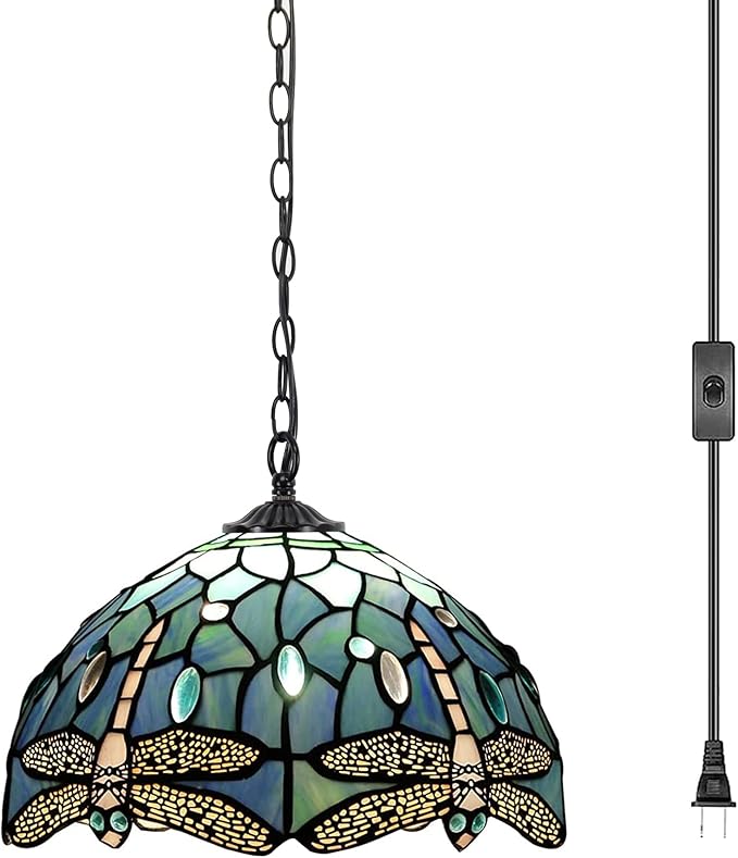 Tiffany Pendant Light Plug in Stained Glass Hanging Lamp Wide 12 Inch, Chain 33 Inch, Cord 15 Feet -Sea Blue Dragonfly