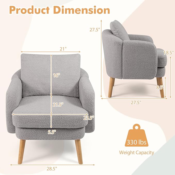 Giantex Sherpa Accent Chair, Modern Upholstered Single Sofa Chair with Back Pillow & Solid Rubber Wood Legs, Teddy Barrel Arm Chair for Reading, Living Room, Bedroom, Office, Grey